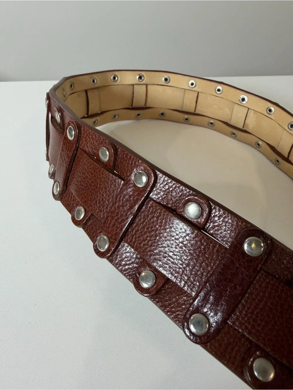 Saks Fifth Avenue Medium Woven Knit Brown Studded Genuine Italian Leather Belt